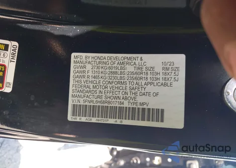 2024 Honda Odyssey Ex-L из США, поврежденный, VIN 5FNRL6H68RB017184